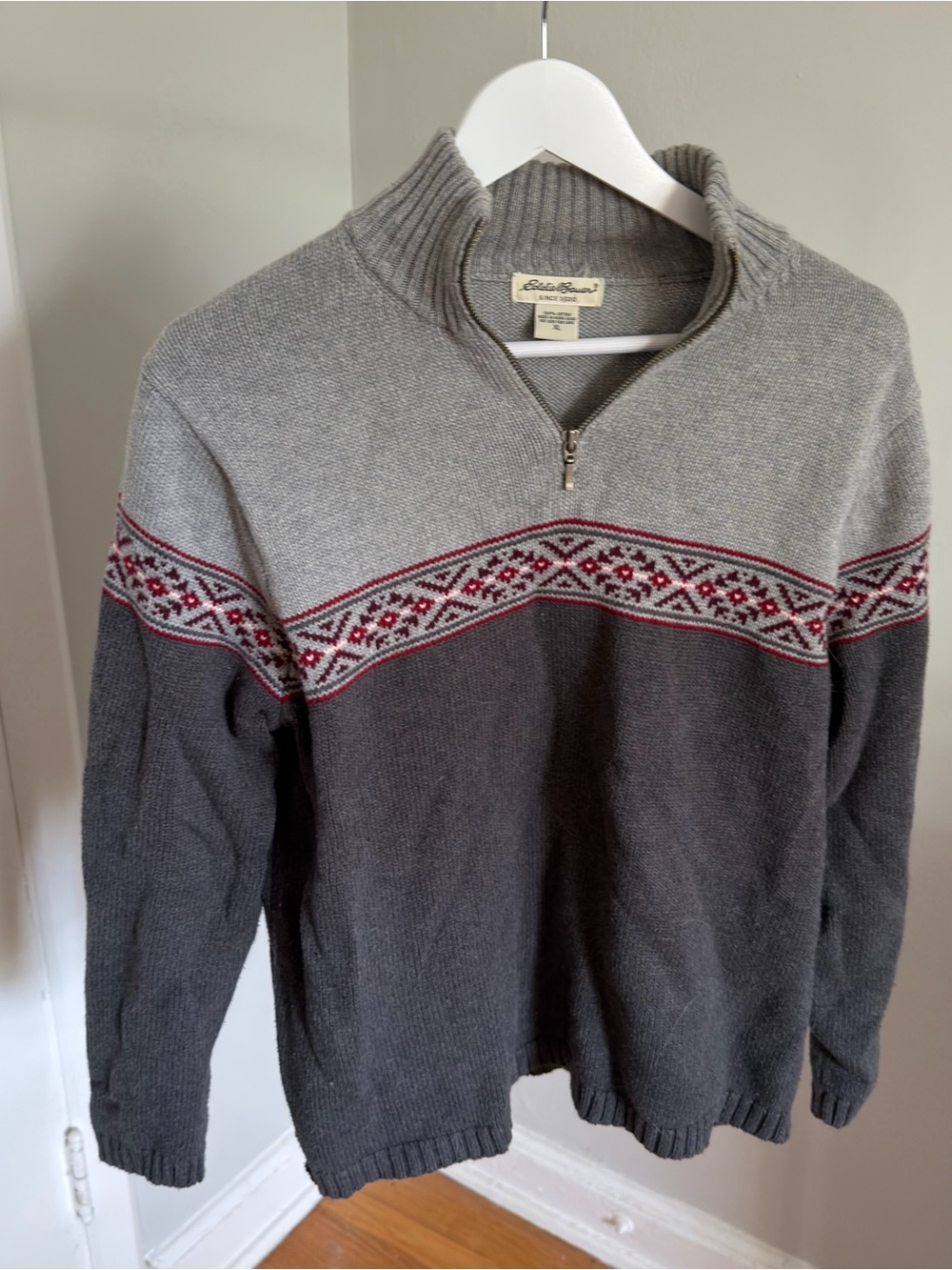 Eddie Bauer Men's Gray Zip-Front Fair Isle Sweater with Red Accent